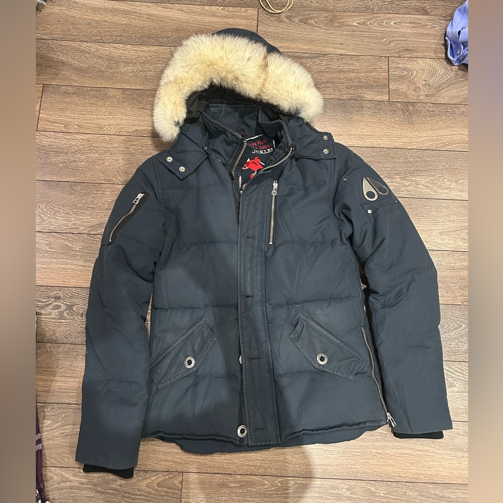 Moose Knuckles Black Puffer Jacket with Fur Hood